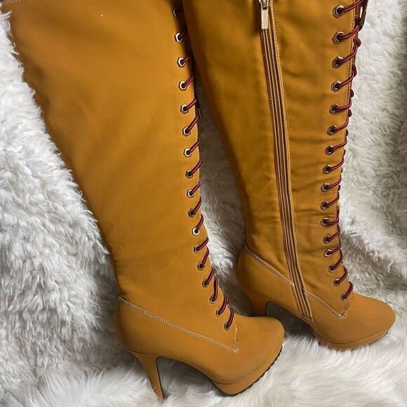 Bamboo Synthetic nubuck tan Combat knee high lace Up Stiletto Platform Boots SZ9 - Picture 7 of 12